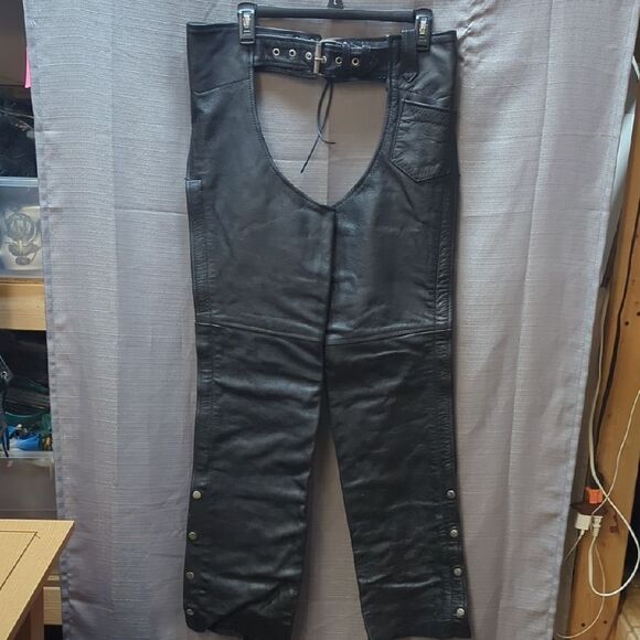 Vintage Interstate Leather Chaps Biker Motorcycle Unisex Black Size S - Picture 1 of 9